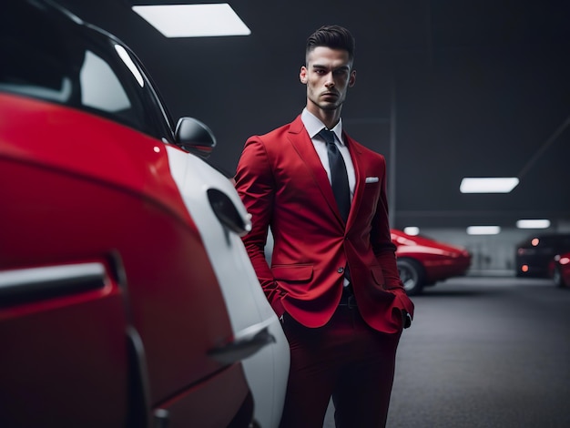 Un hombre con traje rojo se para al lado de un auto deportivo rojo.