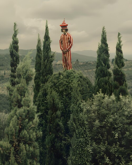 Foto hombre en traje rojo y blanco de pie en la colina en medio de árboles en el paisaje natural