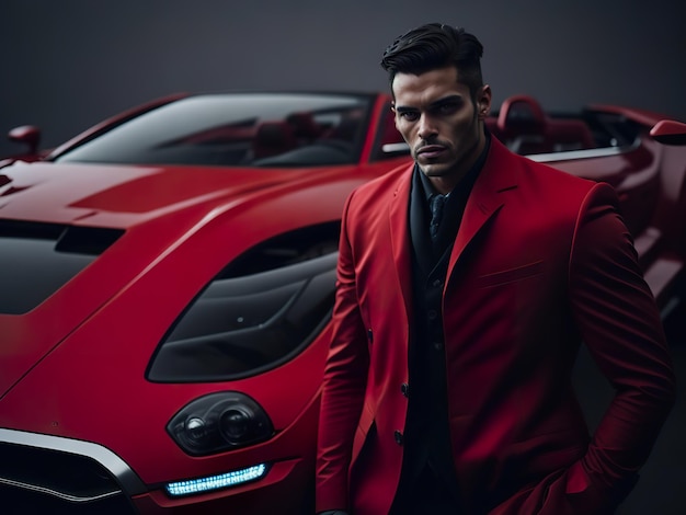 Un hombre con traje rojo se para frente a un auto deportivo rojo.