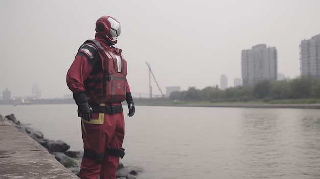 Un hombre con traje rojo se para en un muelle frente al horizonte de la ciudad.