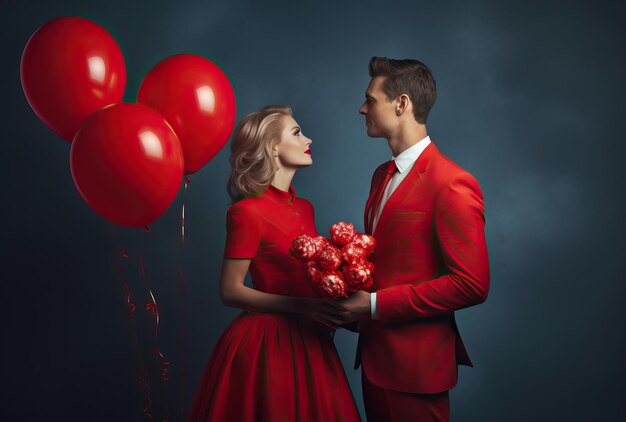 un hombre en un traje rojo y una mujer en un vestido rojo sosteniendo flores y globos en el estilo romántico