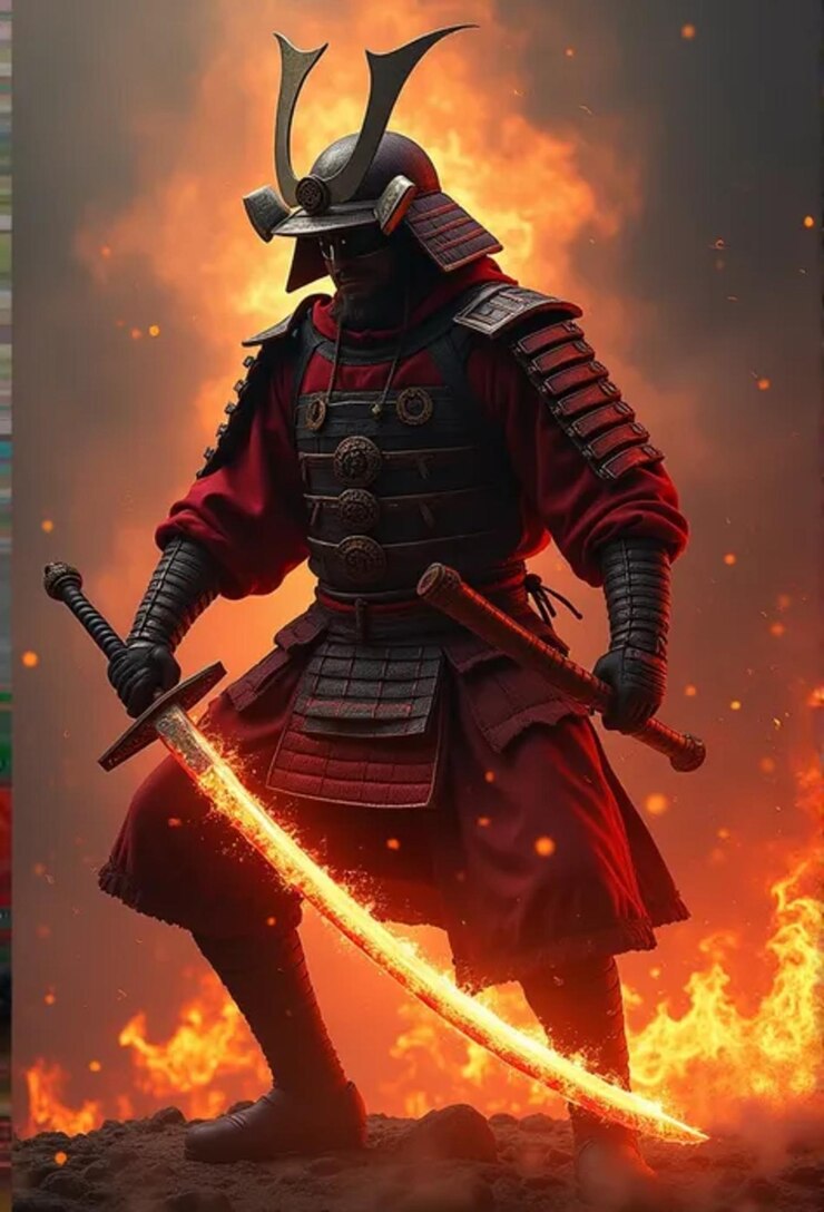 un hombre en un traje rojo y negro está sosteniendo una espada y una espada