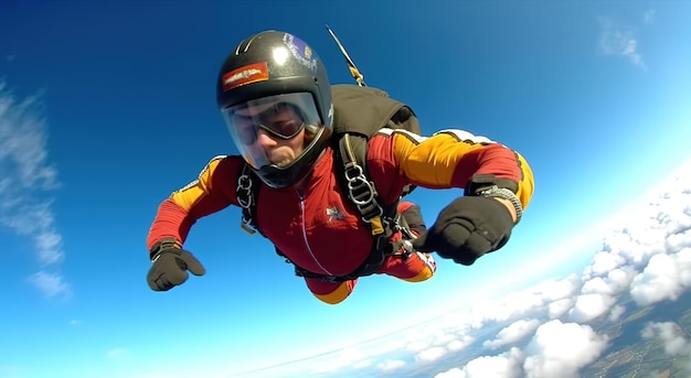 Un hombre con un traje rojo y negro vuela por el cielo con la palabra paracaidismo en el lado izquierdo.