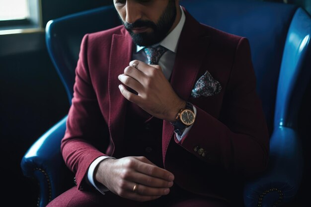 Un hombre con traje rojo y reloj dorado ajustando su reloj