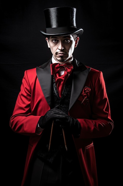 Un hombre con un traje rojo y un sombrero se para frente a un fondo negro.