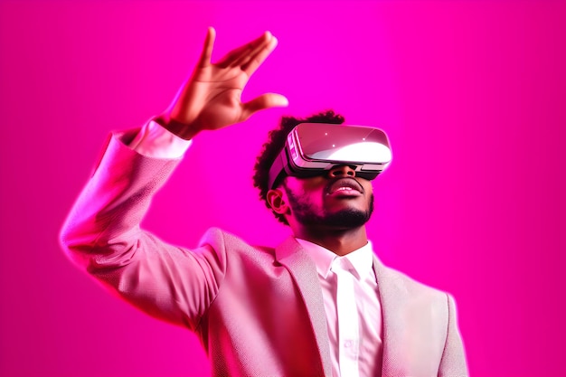 Un hombre con un traje rosa y un fondo rosa sostiene un auricular de realidad virtual.