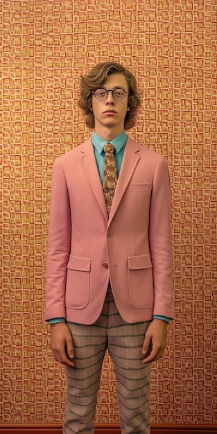 Foto un hombre con un traje rosa se para frente a una pared con un fondo dorado.