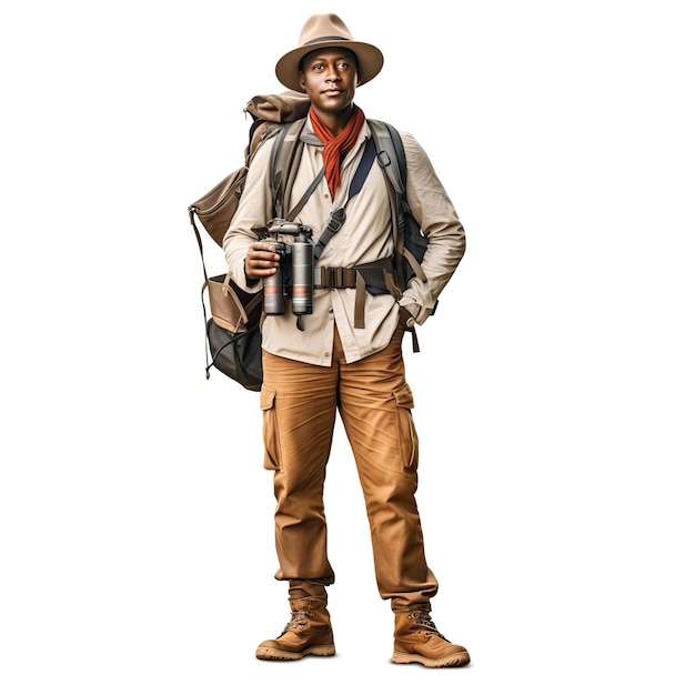 Un hombre con traje de safari se para con una mochila y una mochila.