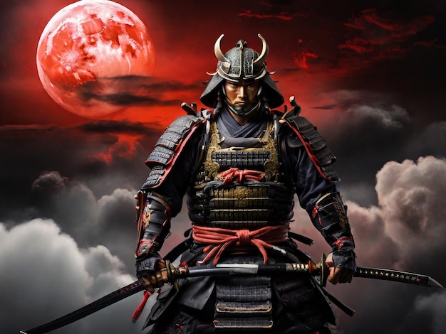 Foto un hombre en un traje de samurai con una luna roja en el fondo