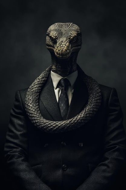 Un hombre de traje con una serpiente en la cabeza.