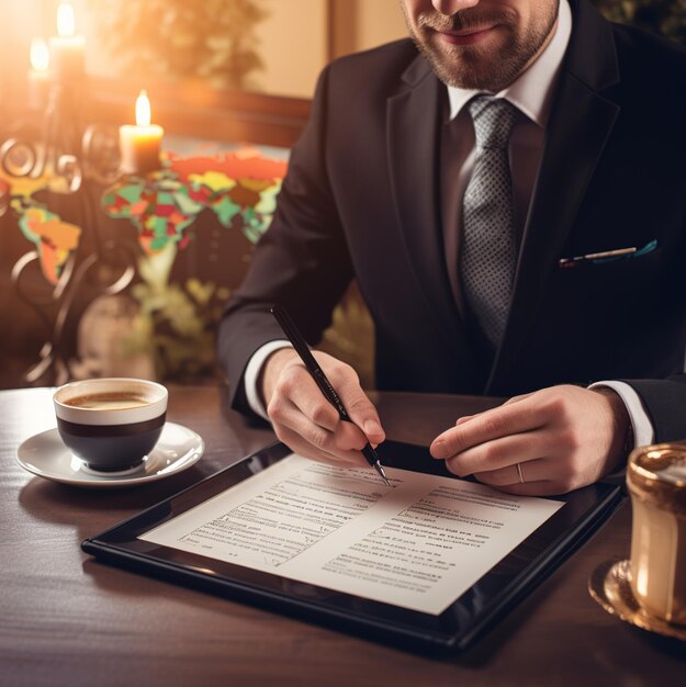 un hombre con traje se sienta en una mesa con un bolígrafo y una taza de café.