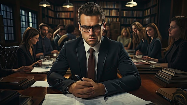 un hombre de traje se sienta en una mesa con papeles y un hombre de traje con gafas leyendo un libro.