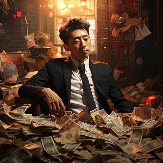 un hombre de traje se sienta en una pila de dinero