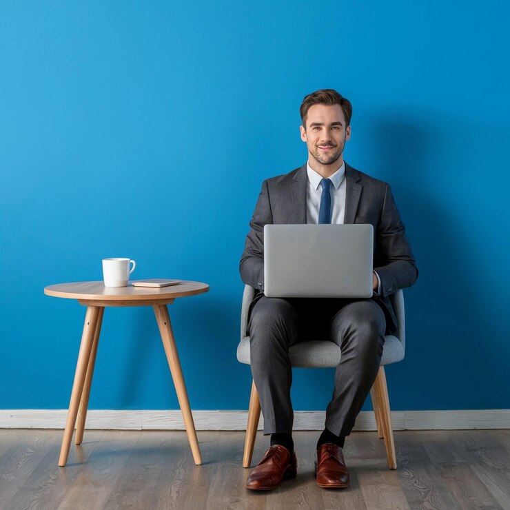 un hombre en un traje se sienta en una silla con una computadora portátil
