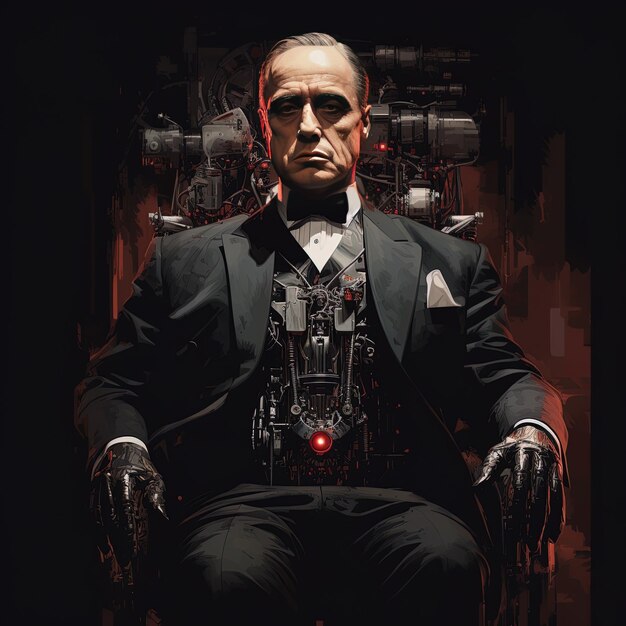 un hombre en un traje se sienta en una silla con un robot en la espalda
