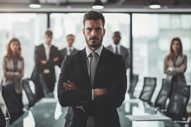 Un hombre con un traje sofisticado se dirige a un grupo diverso de personas proyectando confianza y liderazgo