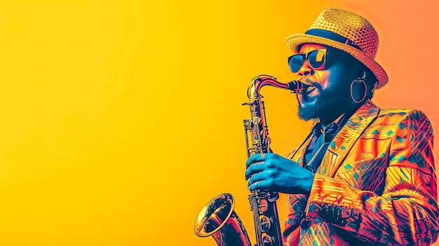 Un hombre con un traje y sombrero colorido está tocando un saxofón en el espacio de copia