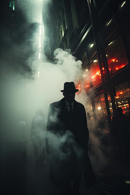 un hombre con un traje y sombrero está de pie frente a un edificio con humo saliendo de él