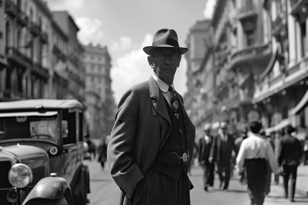 Foto hombre de traje y sombrero de pie en la calle de la ciudad