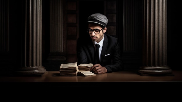 Un hombre con traje y sombrero se sienta en una mesa leyendo un libro.