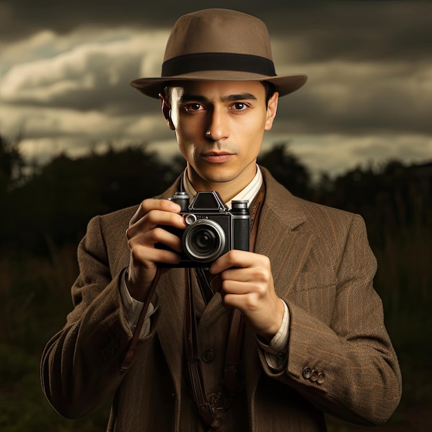 Un hombre con traje y sombrero sosteniendo una cámara