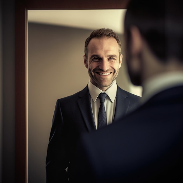 un hombre de traje sonríe frente a un espejo.