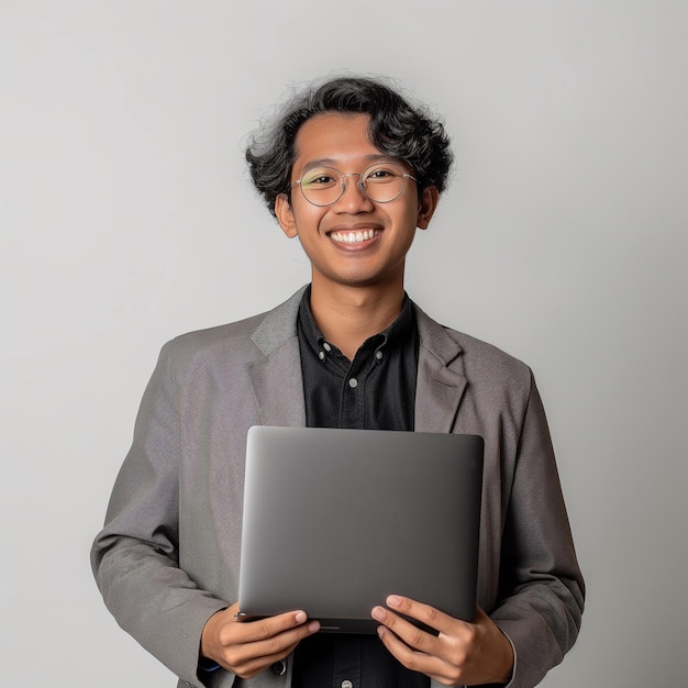 Foto un hombre en un traje sosteniendo una computadora portátil en sus manos