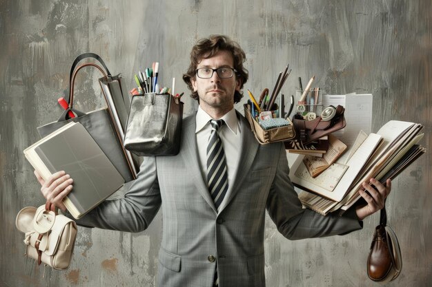 Un hombre en traje sosteniendo un montón de libros