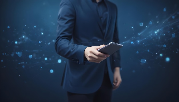 Foto un hombre en un traje está sosteniendo una tableta con el texto 