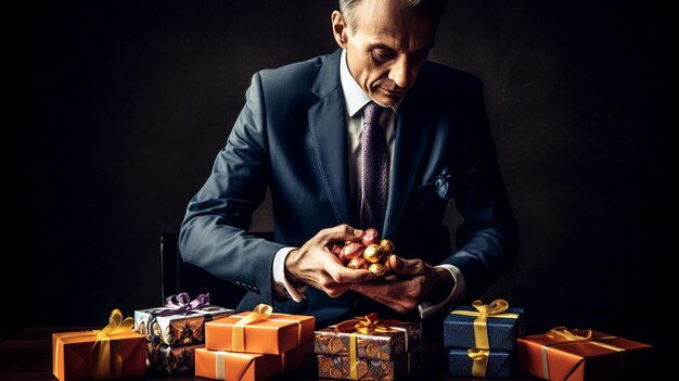 Un hombre de traje sostiene una caja de regalos de navidad.