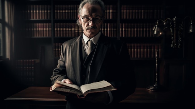 Un hombre con traje sostiene un libro frente a una fila de libros.