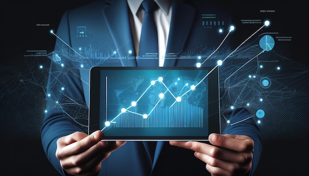 Un hombre con traje sostiene una tableta con un gráfico.