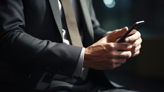 Un hombre de traje sostiene un teléfono en sus manos.