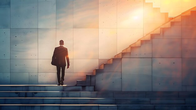 Foto un hombre en traje subiendo una escalera hacia una luz brillante