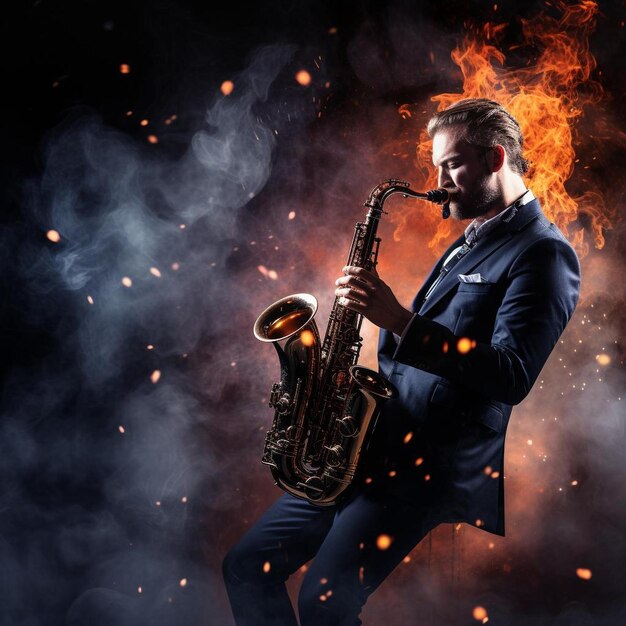 Foto un hombre de traje está tocando un saxofón