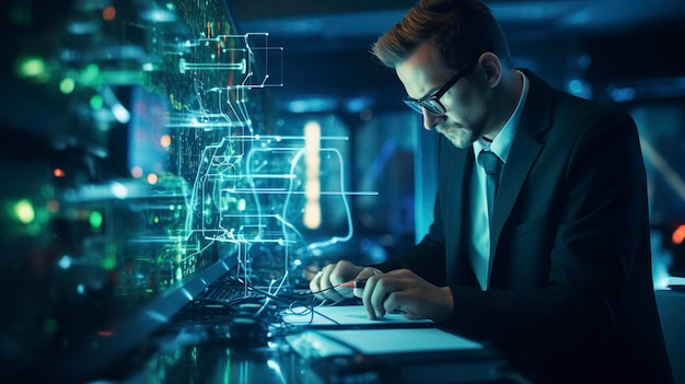 Foto un hombre en un traje trabajando en una computadora portátil frente a un monitor con las palabras que está trabajando en él