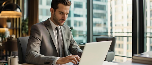 Foto hombre de traje trabajando en la computadora portátil