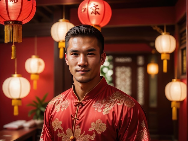 Hombre con traje tradicional rojo con linternas