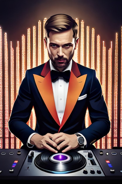 Un hombre con traje y un traje con un reloj en el pecho está parado detrás de una ficha de póquer.