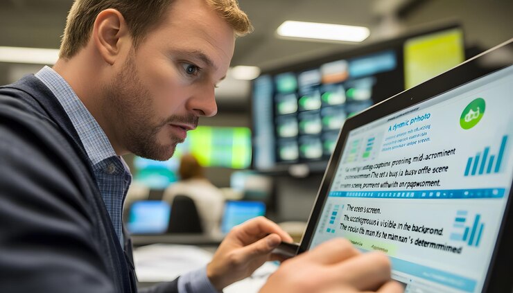 Foto hombre de traje usa un lápiz para escribir en una pantalla de portátil