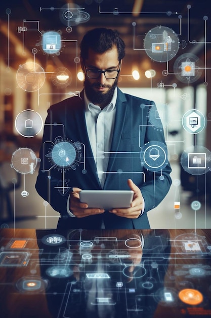 Foto un hombre en un traje está usando una tableta con muchos iconos en la pantalla