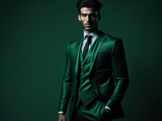 Un hombre con traje verde y corbata negra se para en un fondo verde.