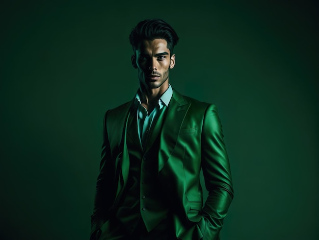 Un hombre con traje verde se para en un fondo verde oscuro.