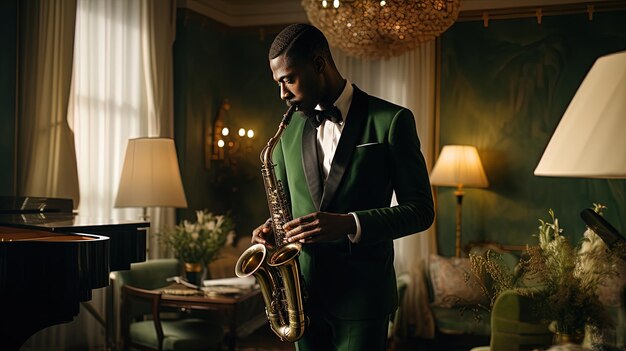 Foto un hombre con un traje verde toca el saxofón