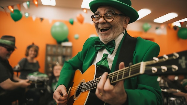 Hombre de traje verde tocando la guitarra En vivo el día de San Patricio