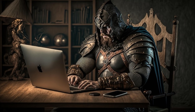 Un hombre con traje vikingo se sienta en un escritorio con un macbook pro.
