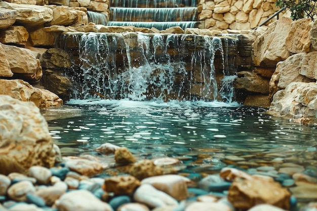 Un hombre tranquilo hizo una cascada en un jardín rocoso sereno con aguas cristalinas que fluyen sobre la naturaleza