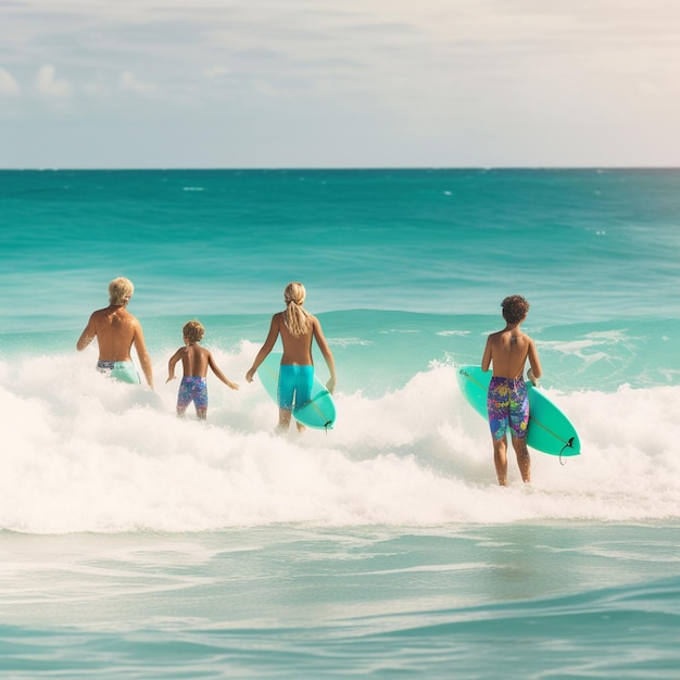 Un hombre y tres niños están en el agua con tablas de surf.