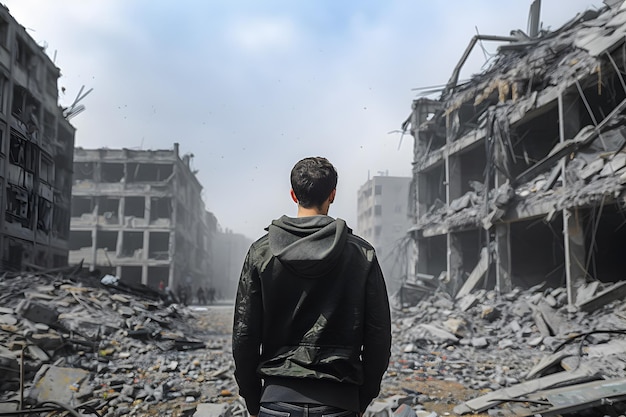 Hombre triste en una ciudad destruida durante la guerra