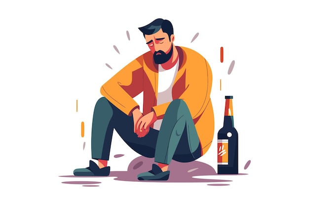 Foto hombre triste deprimido llorando y bebiendo alcohol ilustración vectorial plana aislada en fondo blanco